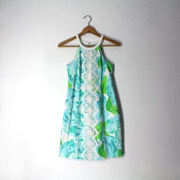 Lilly Pulitzer 00 Pearl Shift Dress in Poolside Blue Floral Lace Appliqués 2XS - Picture 1 of 10